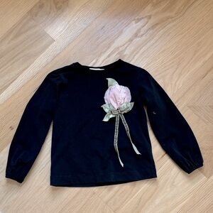 MonnaLisa Little Girl’s Black Top with Pink Floral Appliqué